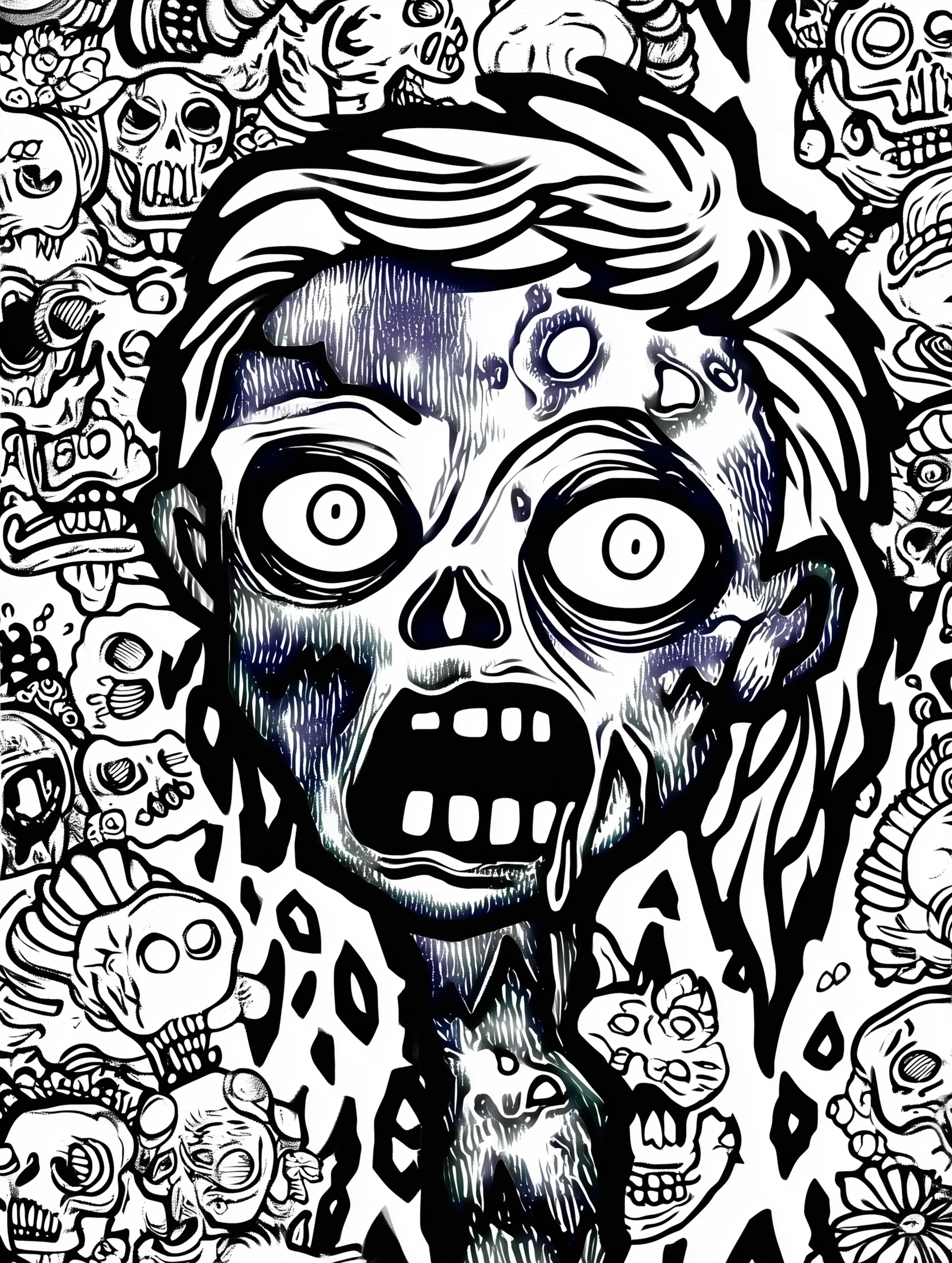 Free printable zombie coloring page for adults featuring a zombie guy with a face peeling off